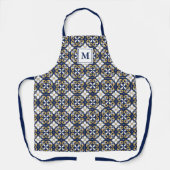 Marine & Geel Marokkaans Bloemen Patroon Monogram Schort (Voorkant)