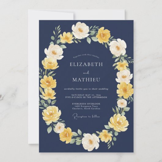 Marine Gele Bloemenslingers Bruiloft Kaart (Voorkant)