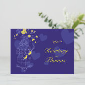 Marine gele vogels openen kooi bruiloft RSVP Kaart (Staand voorkant)