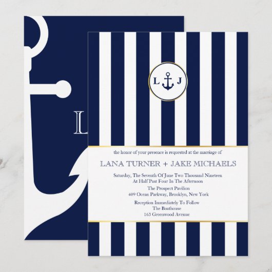 Marine gestreepte, nautische huwelijksuitnodiginge kaart (Voorkant / Achterkant)