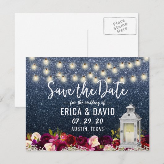 Marine glitters rustieke lantaarn bloemen Save the Aankondigingskaart (Voorkant / Achterkant)
