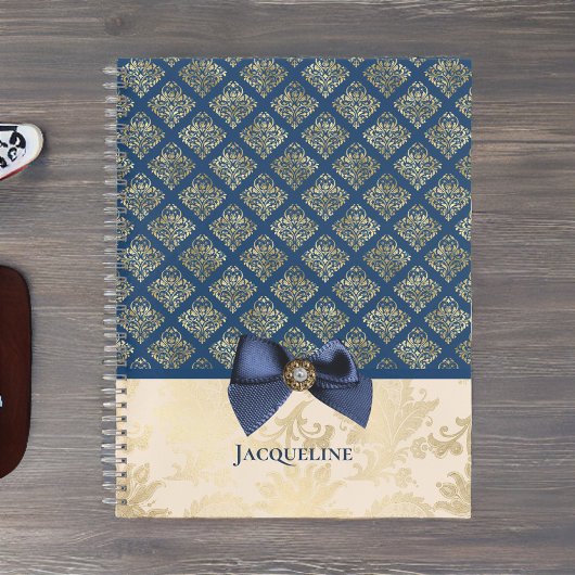 marine Gold Elegant Damask Kijk met naam Notitieboek