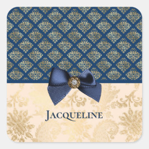  marine Gold Elegant Damask Kijk met naam Vierkante Sticker