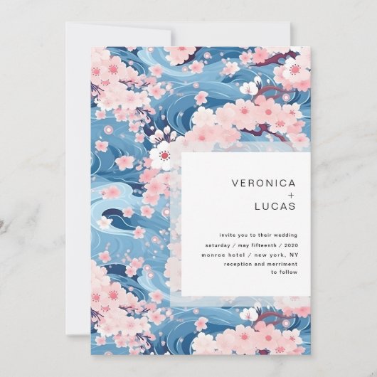 Marine golven Sakura bloesem moderne bruiloft Kaart (Voorkant)