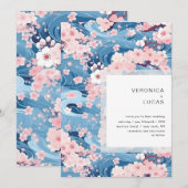 Marine golven Sakura bloesem moderne bruiloft Kaart (Voorkant / Achterkant)