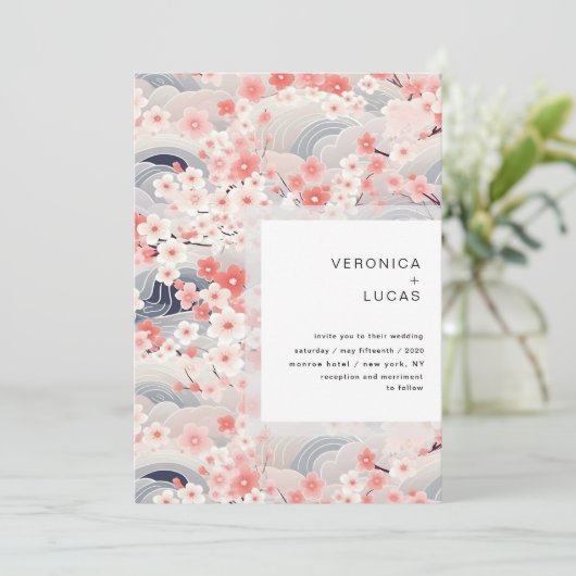 Marine golven Sakura bloesem moderne bruiloft Kaart (Staand voorkant)