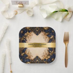 Marine goud art deco gatsby bruiloft diner vierkan papieren bordje