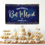 Marine Goud Bat Mitzvah Moderne Folie Glitter Schr Spandoek<br><div class="desc">Wees trots, verheug je en laat deze mijlpaal van je favoriete Bat Mitzvah zien! Hang deze prachtige, moderne, stijlvolle, gepersonaliseerde banner op om haar speciale dag nog mooier te maken. Fonkelende, namaak goudkleurige kalligrafie en confetti glitterstippen overlappen een verfijnd, dramatisch marineblauw waterverf achtergrond. Personaliseer de tekst met de naam en...</div>