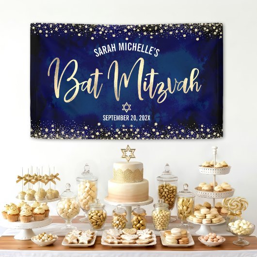 Marine Goud Bat Mitzvah Moderne Folie Glitter Schr Spandoek