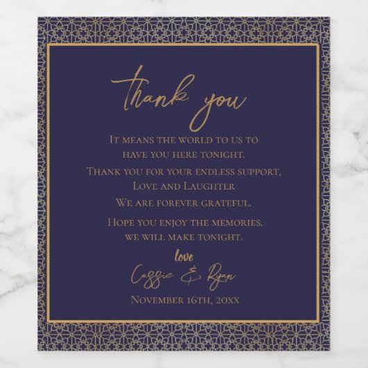 Marine Goud Bedankt Fijne Ontwerp Trouwgunst Wijn Etiket (Enkel label)