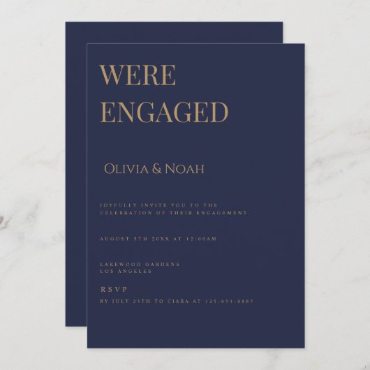 Marine & Goud Elegant Engagement Party Uitnodiging (Voorkant / Achterkant)