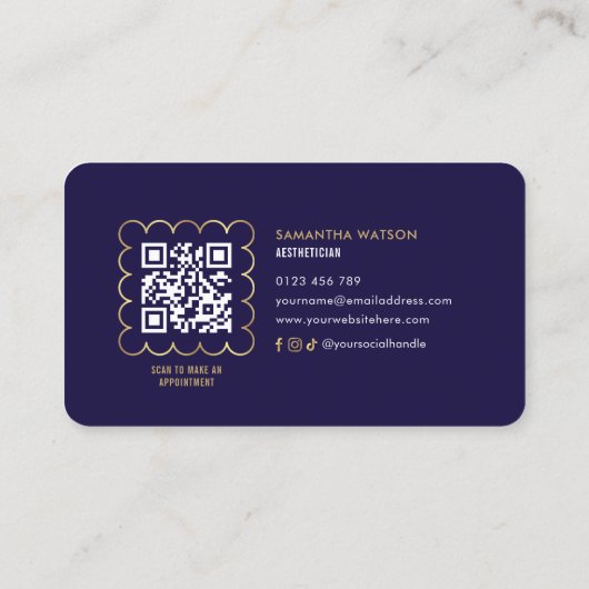 Marine & Goud Elegant QR Code wimpers Schoonheidss Visitekaartje (Achterkant)