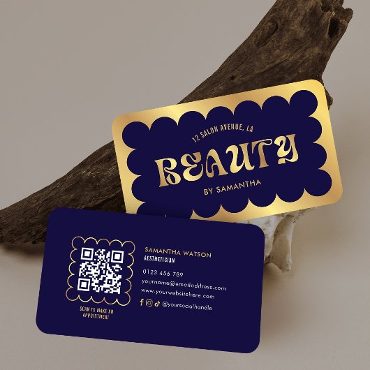 Marine & Goud Elegant QR Code wimpers Schoonheidss Visitekaartje