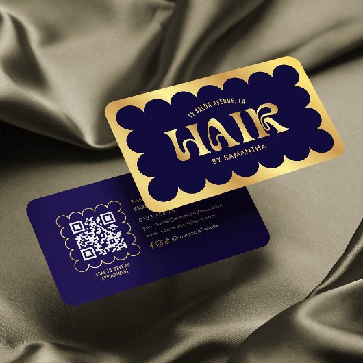Marine & Goud Elegante Moderne QR Code Hair Stylis Visitekaartje