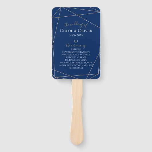 Marine Goud Geometrisch Huwelijksprogramma Handwaaier (Voorkant)