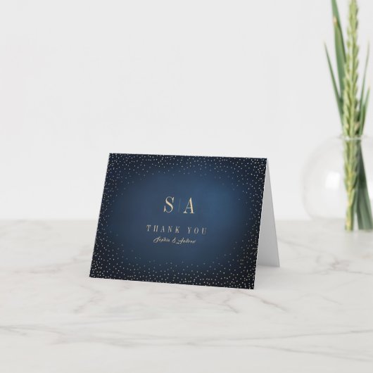 Marine & Goud Glitter Verfijnd Monogram Bedankkaart (Voorkant)