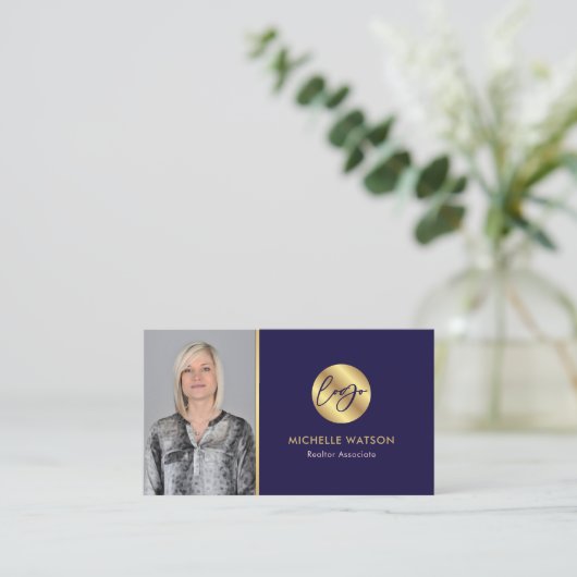 Marine & Goud Logo Modern makelaar Foto Visitekaartje (Staand voorkant)