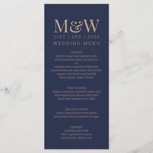 Marine Goud Monogram Bruiloft Menu (Voorkant)