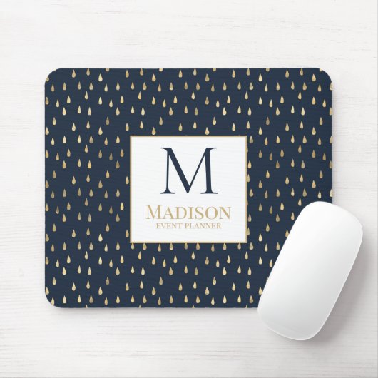 Marine Goud Regendruppel Modern Modieus Monogram Muismat (Met muis)