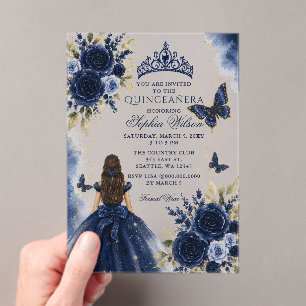 Marine Gouden Bloem Vlinder Prinses Quinceañera Acryl Uitnodigingen