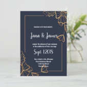 Marine & gouden bloemen bruiloft kaart (Staand voorkant)