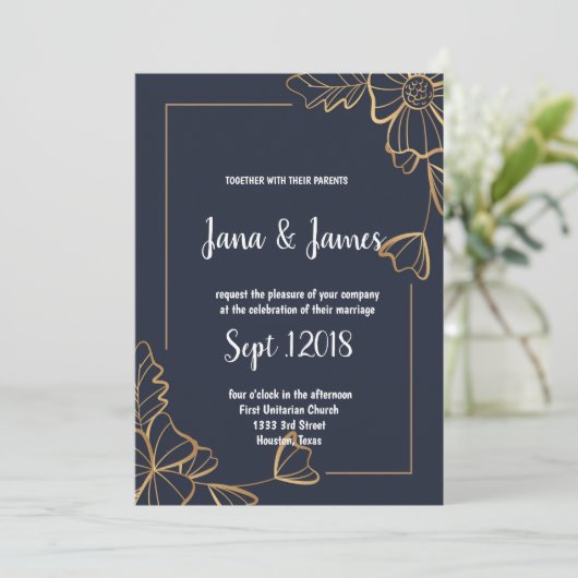 Marine & gouden bloemen bruiloft kaart (Staand voorkant)