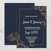 Marine & gouden bloemen bruiloft kaart (Voorkant / Achterkant)