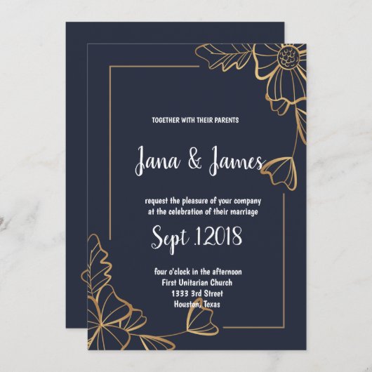 Marine & gouden bloemen bruiloft kaart (Voorkant / Achterkant)