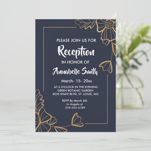 Marine & gouden bloemen Receptie Kaart (Staand voorkant)