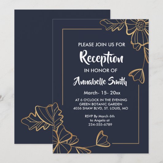 Marine & gouden bloemen Receptie Kaart (Voorkant / Achterkant)
