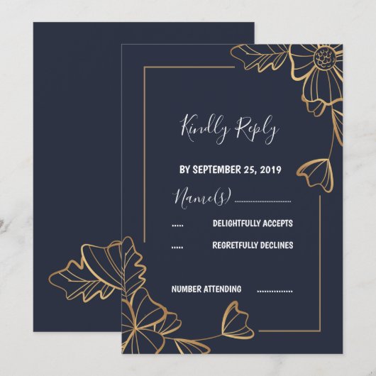 Marine & gouden bloemen RSVP Kaart (Voorkant / Achterkant)