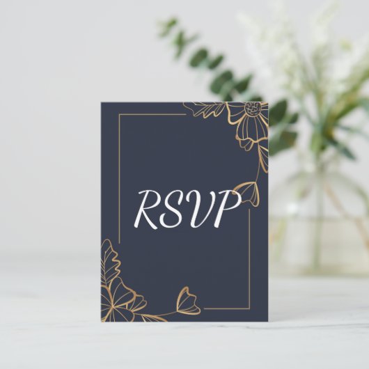 Marine & gouden bloemen RSVP Uitnodiging Briefkaart (Staand voorkant)