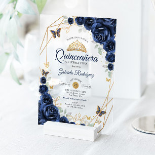 Marine Gouden Bloemige Quinceanera Acryl Uitnodigingen