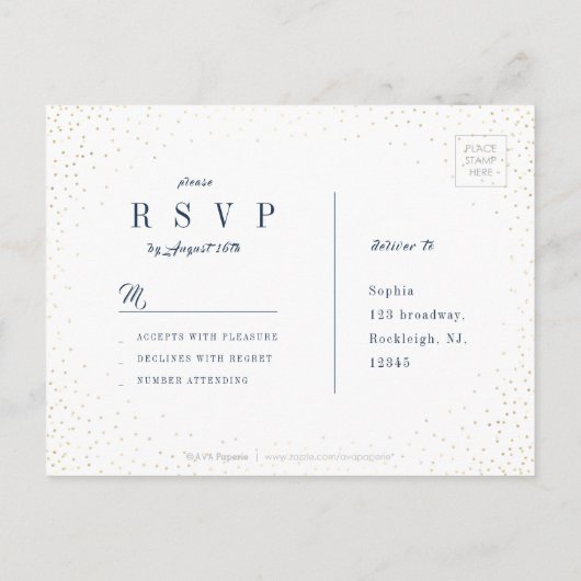Marine & Gouden Glitter Eenvoudige Bruiloft RSVP Uitnodiging Briefkaart (Achterkant)