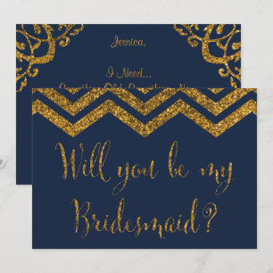 Marine & Gouden Glitters   Wil je mijn bruidsmeisj Kaart