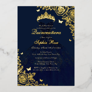 Marine Gouden Roos Jurk Quinceanera Folie Uitnodiging