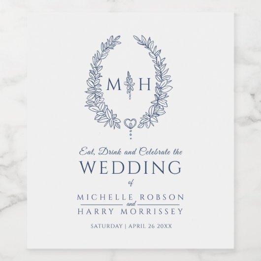 Marine hand getrokken blad monogram kunst bruiloft wijn etiket (Enkel label)