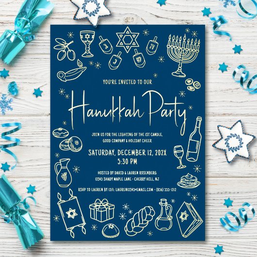 Marine Hanukkah Hand Getekende Doodles Feest Echte Folie Feestdagenkaart