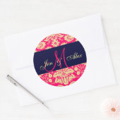 Marine & Heet Roze Monogram Damast Bruiloft Seal Ronde Sticker (Envelop)