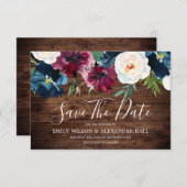 Marine Houten Bruiloft met Rode Wijn Burgundy Bloe Save The Date (Voorkant / Achterkant)
