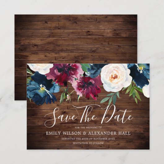 Marine Houten Bruiloft met Rode Wijn en Burgundy B Save The Date (Voorkant / Achterkant)