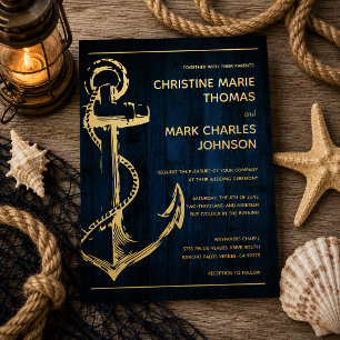 Marine Houten Scheepsanker Trouwen Folie Uitnodiging