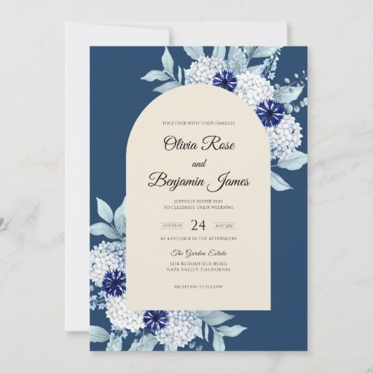 Marine Hydrangea Gedempte Eucalyptus Bruiloft Kaart (Voorkant)