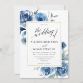Marine indigo blauw bloemenmoderne elegante bruilo kaart (Voorkant)