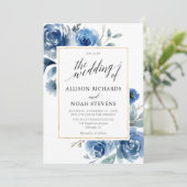 Marine indigo blauw bloemenmoderne elegante bruilo kaart (Staand voorkant)