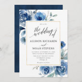 Marine indigo blauw bloemenmoderne elegante bruilo kaart (Voorkant / Achterkant)