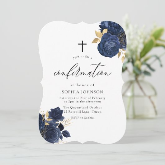 Marine Indigo Blauwe Bloemige Gouden Blad Bevestig Kaart (Staand voorkant)