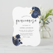 Marine Indigo Blauwe Bloemige Gouden Blad Quincean Kaart (Staand voorkant)