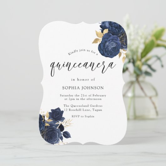 Marine Indigo Blauwe Bloemige Gouden Blad Quincean Kaart (Staand voorkant)