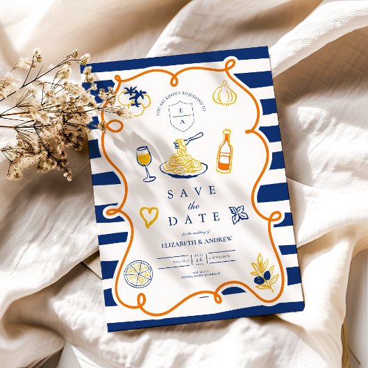 Marine Italiaans eten bruiloft Doodles Save The Date